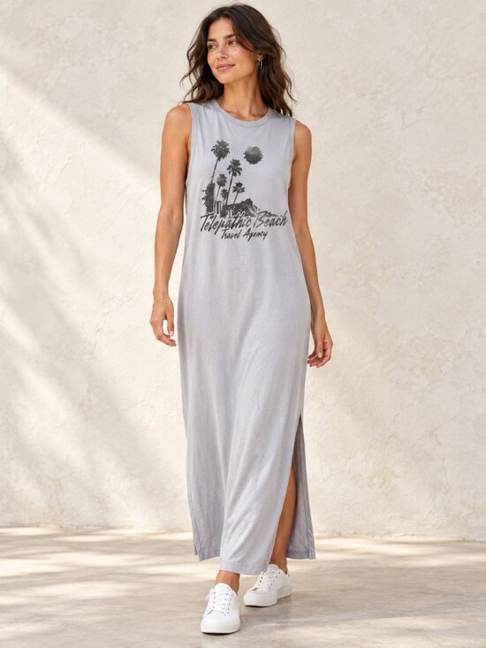 Spiritual Gangster Dresses & Skirts - Spiritual Gangster Maxi Dress Gray Telepathic Beach Graphic Cotton Medium